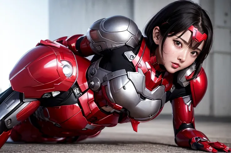 Female Iron Man(Red and Black)、shine、Shortcuts、Textured skin, Super detailed, Attention to detail, high quality, 最high quality, High resolution, 1080P, hard disk, beautiful,(Gundam),beautifulサイボーグ女性,Mecha Cyborg Girl,Battle Mode,Woman with a mechanical bod...