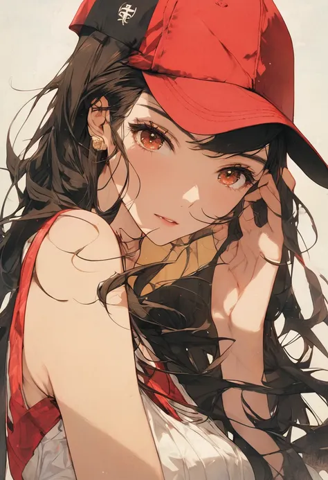 (masterpiece), best quality, expressive eyes, perfect face, a man get transformed into a MILF, solo, surpriced, blushed, black hair, long hair, red baseball cap, brown eyes, (full body), ecchi, nsfw