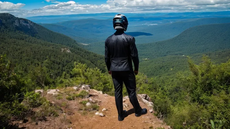 a luxury sales suit man wearing a black rider full-face helmet overlooking wilderness,full body,standard rider black full face h...