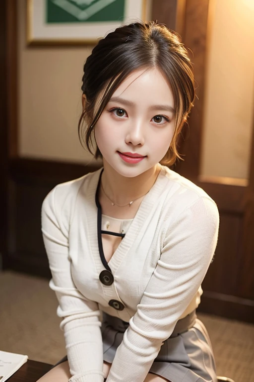 (A beautiful Korean actress, age 22, wearing formal White shirt with buttons & grey mini-skirt, relaxing in night market, thoughtful expressions, kind smile, dimpled chins, cute snaggle-tooth, short bob hair ponytail, symmetrical face, realistic detailed f...