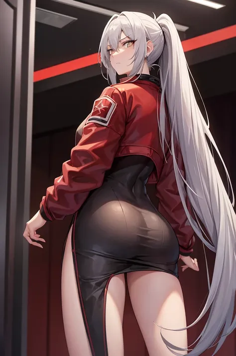 Tall, slim, She has long grey hair tied back in an enormous, messy ponytail that reaches down to her thighs, some of her hair is covering one of her eyes, she wears a red jacket, wearing a black full-body suit, golden eyes, angle from below