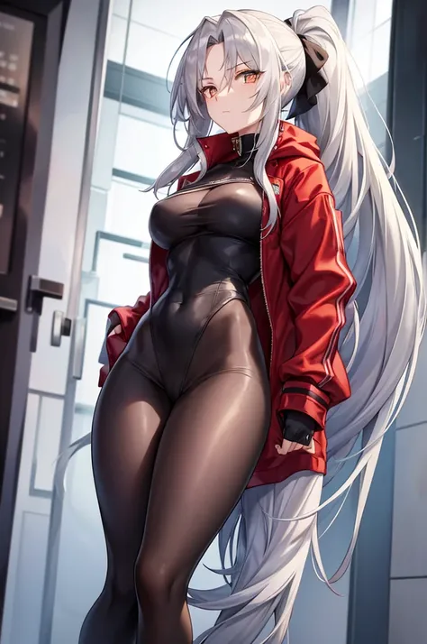 Tall, slim, She has long grey hair tied back in an enormous, messy ponytail that reaches down to her thighs, some of her hair is covering one of her eyes, she wears a red jacket, wearing a black full-body suit, golden eyes, angle from below