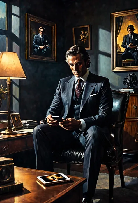 A man in a suit in his 35s, sitting in his office talking to his iphone, in the morning hours  , dark fantasy  style from the 70s, with intense German-style romantic painting. Shadows and spectacular lighting.