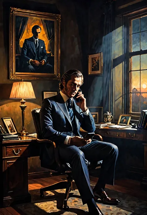 A man in a suit in his 35s, sitting in his office talking to his iphone, in the morning hours  , dark fantasy  style from the 70s, with intense German-style romantic painting. Shadows and spectacular lighting.