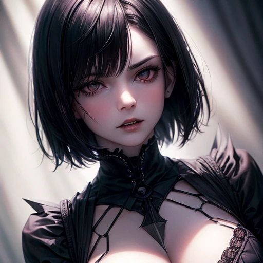 (high quality: 1.3), Cinematic shots, masterpiece, (Sharp focus: 1.5), (Realistic: 1.3), Medium portrait (Beautiful young vampire woman, Pale skin, Gothic, Still proud、intense, Straight black short bob hair, Dark look, Wearing a very finely crafted dark tu...