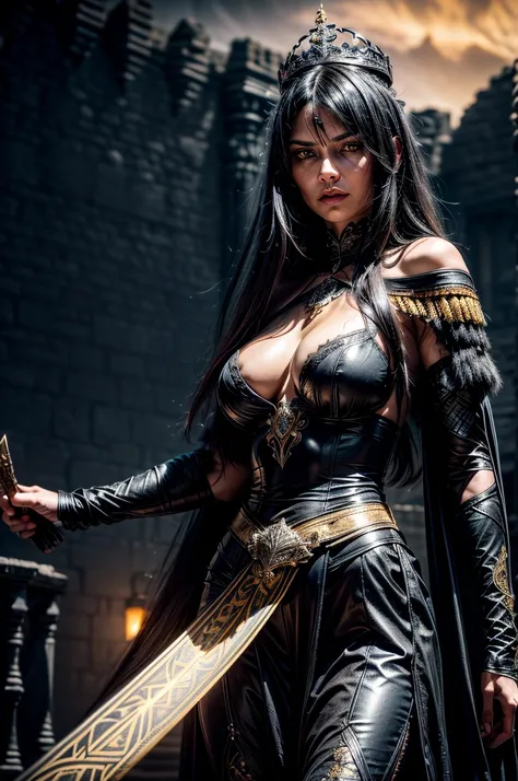 A nordic woman with a dagger in her hand. She wears ornate, dark armor adorned with fur-lined shoulders, very small crown. Her expression is commanding, intense yellow eyes, flowing black hair, gotic castle background, medium and squishy breast, thin waist...