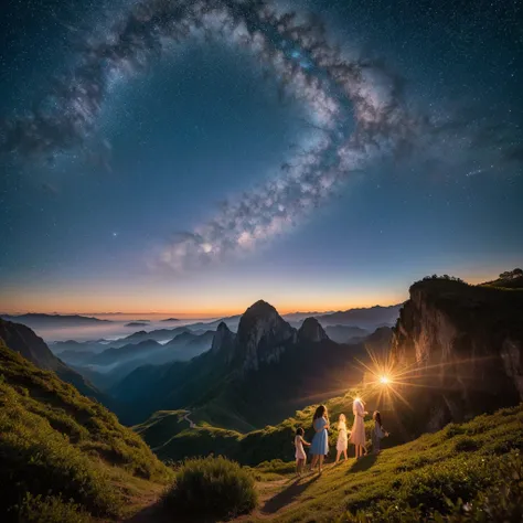 "A celestial landscape with three pretty, beautiful women floating gracefully. The scene is dreamy and serene, with light trails and star effects creating a heavenly atmosphere.