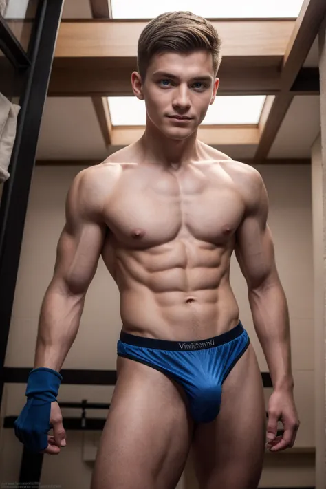 1boy, (Blue Eyes), happy smile,caucasian boy,18 years old,young, slim body, slender, skinny body build, child-like, twink,Teenage white Hispanic, kickboxing fighter ,18 years old , military haircut, brown eyes fixed, affiliated features, no facial hair , h...