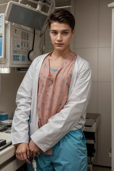 A beautiful young male twink with a face with reddish makeup. He has black hair. He is wearing a long-sleeved, white, printed shirt and aqua blue pants. He is in the surgical operating room, with medical equipment and medical instruments behind him, and be...