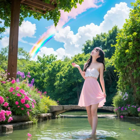 masterpiece, Highest quality, Absurd, figure, watercolor,One girl,Girl with butterfly wings, in water, alone, Long Hair, dress, Skirt Hold, panties, No sleeve, barefoot, Bare shoulders, Are standing, Outdoor, cloud, null, water, water splashes, rainbow,(ti...