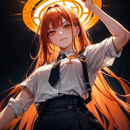 hand (Chainsaw Man), Highest quality, Super detailed, One girl, alone, Are standing, Redhead, Long braided hair, Golden Eyes, bangs, Medium chest, White shirt, tie, stare, smile, (evil:1.2), View your viewers, (interview:1.3), (Dark Background), From below...