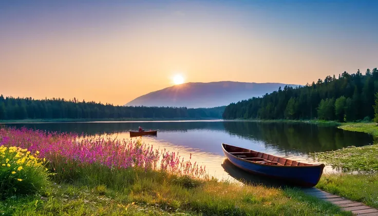 sight, nature, sky, outdoors, water, tree, grass, lake, flower, boat, sunlight, transport mode of transport, reflect, solo, river, female, forest, sunset, sunset, legendary scenery