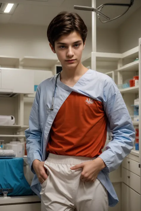 A beautiful young male twink with a face with reddish makeup. He has black hair. He is wearing a long-sleeved, white, printed shirt and aqua blue pants. He is in the surgical operating room, with medical equipment and medical instruments behind him, and be...