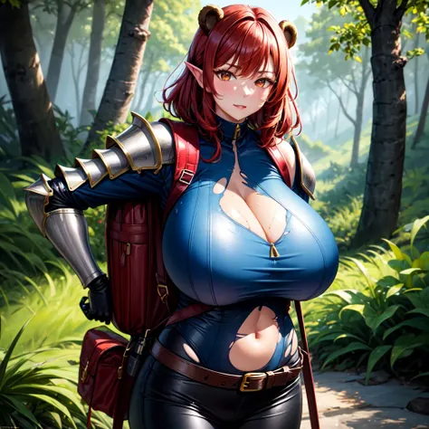 a young Korean woman with bright golden eyes and lush red hair and horns, wet bronze skin, a huge chest, dressed in a dirty blue coat with rolled up sleeves, steel silver armor, a wide red leather belt with large gold yarn, torn black leather pants, leathe...