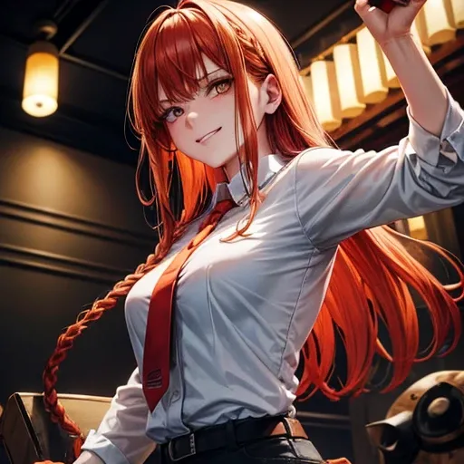 hand (Chainsaw Man), Highest quality, Super detailed, One girl, alone, Are standing, Redhead, Long braided hair, Golden Eyes, bangs, Medium chest, White shirt, tie, stare, smile, (evil:1.2), View your viewers, (interview:1.3), (Dark Background), From below...