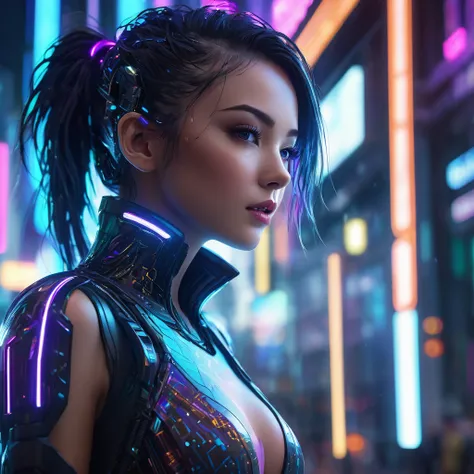 a beautiful digital girl, intricate cyberpunk cityscape, neon city lights, cinematic lighting, futuristic architecture, high tech environment, glowing holographic interface, complex data visualization, abstract digital patterns, 4k, 8k, highres, masterpiec...