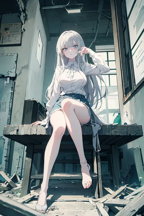 (masterpiece, Best quality, absurd), 1 girl, white hair, long hair, straight hair, blunt bangs, light blue eyes, big breasts, aesthetic waist, pale skin, white shirt, short jeans and silver heels, beautiful face, face angry, full length, in a dark abandone...