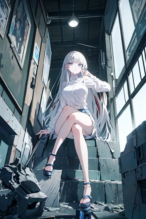 (masterpiece, Best quality, absurd), 1 girl, white hair, long hair, straight hair, blunt bangs, light blue eyes, big breasts, aesthetic waist, pale skin, white shirt, short jeans and silver heels, beautiful face, face angry, full length, in a dark abandone...