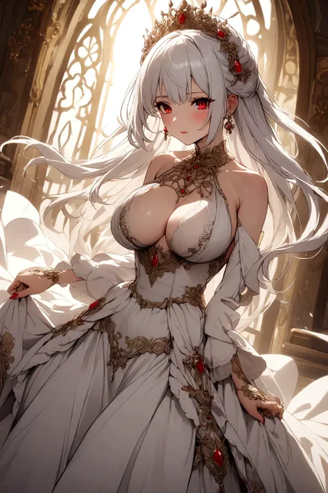 A princess with white hair and red eyes wearing a dress and has  big tits 