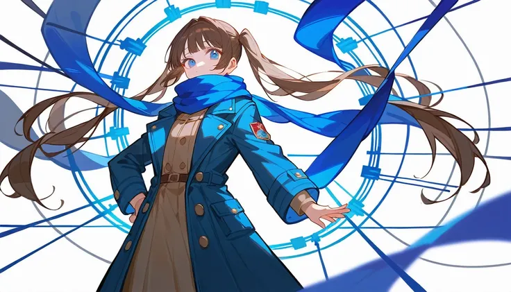 8K, best quality, masterpiece, (ultra-detailed:1.1), (high detailed skin),white background, standing, looking at viewer, 独奏, hand on hip, 
fll, twintails, 1girl，Brown long hair，Blue Eyes，1 little girl，Short height，Dark blue trench coat，Flowing scarf，avatar...