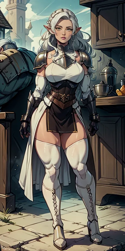 masterpiece, best quality, high quality, white SKIN elf, long hair, white hair, yellow eyes, full body, def_effie, blue breastplate, white skin, looking at viewer, shiny,armor, thighhighs, high boots,shoulder armor, faulds, poleyn, gloves, gauntlets