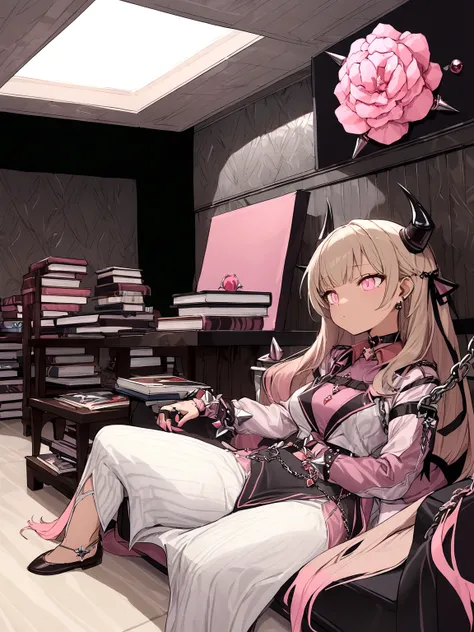 masterpiece, high quality, Devil Girl, Long blonde hair,tooth,Yellow Eyes, Sitting on the throne, Surrounded by books on the floor, Rebel Outfit, Transparent skirt, Details Top, chain,