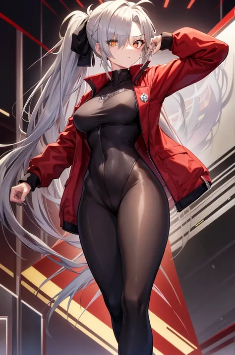 Tall, slim, She has long grey hair tied back in an enormous, messy ponytail that reaches down to her thighs, hair covering one eye, she wears a red jacket, wearing a black full-body suit, golden eyes, angle from below, laboratory background