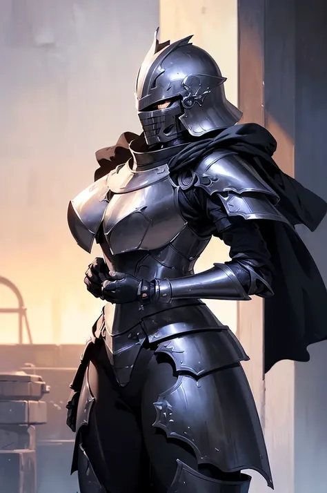 (masterpiece; best quality: 1.2), ((full armored knight woman)), ((solo)), (black eyes: 1.4), (body; toned, strong, femenine: 1.3), (beautiful and clear background: 1.2), ((depth of field)), (equipment: full plate full-black realistic armor + closed helmet...