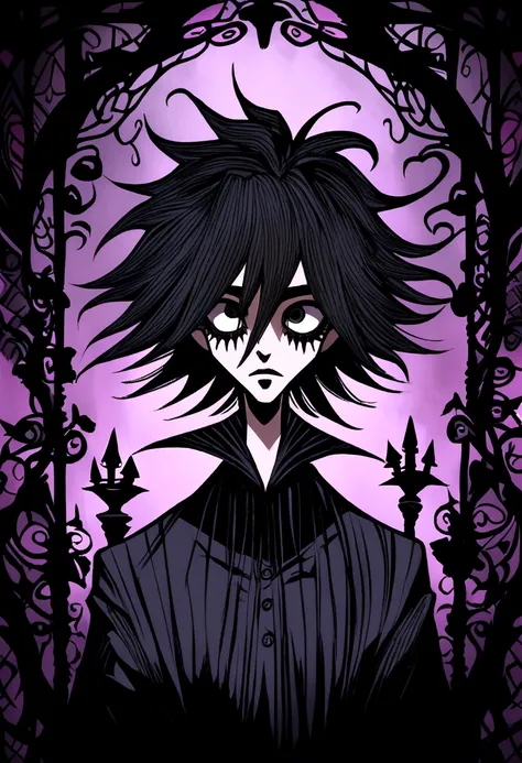 middle aged man, shorth hair, Bblack hair, art style drawing gothic tim burton, portraite