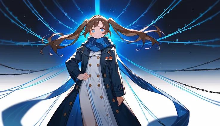 8K, best quality, masterpiece, (ultra-detailed:1.1), (high detailed skin),white background, standing, looking at viewer, 独奏, hand on hip, 
fll, twintails, 1girl，Brown long hair，Blue Eyes，1 little girl，Short height，Dark blue trench coat，Flowing scarf，avatar...