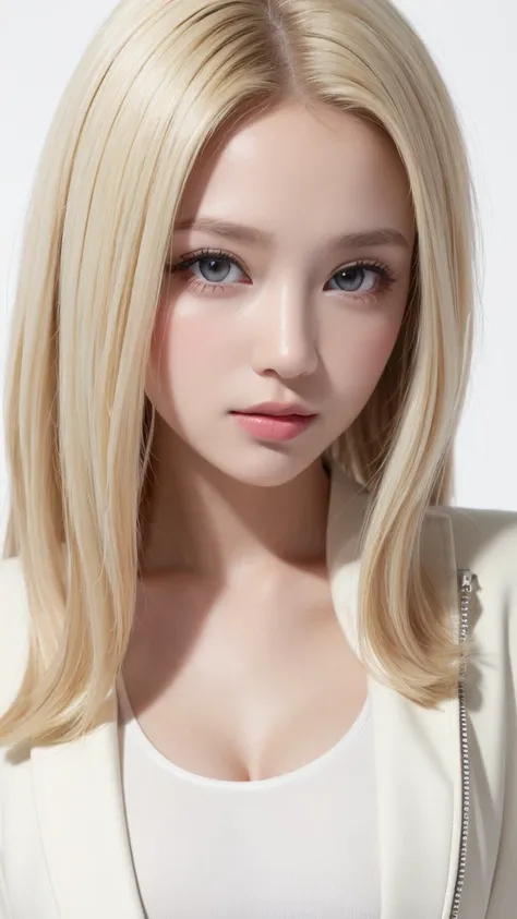 (((forehead、White Blonde Hair、Northern Europe、White people、beautiful girl、Blonde、White background、open jacket、lender )))、table top, highest quality, figure, super detailed, finely, High resolution, 8k wallpaper, Perfect dynamic composition, detailed and be...