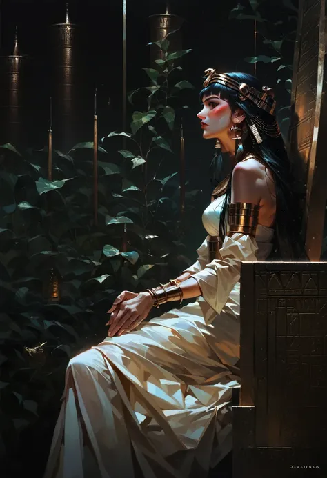 Fraction_9, Fraction_8_Direction_7_up,  side view, (Solitary), Cleopatra, Egyptian, goddess, Pharaoh, Sitting on a golden throne, White Dress, air of superiority, Condescending gaze, marbled columns, silks, Very long hair, Thick hair, 1 Girl, Skin is delic...