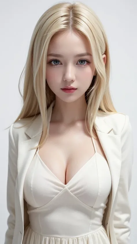 (((forehead、White Blonde Hair、Northern Europe、White people、beautiful girl、Blonde、White background、open jacket、lender )))、table top, highest quality, figure, super detailed, finely, High resolution, 8k wallpaper, Perfect dynamic composition, detailed and be...