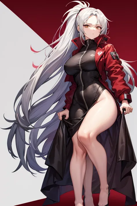 Tall, slim, She has long grey hair tied back in an enormous, messy ponytail that reaches down to her thighs, hair covering one eye, she wears a red jacket, wearing a black full-body suit, golden eyes, angle from below, laboratory background