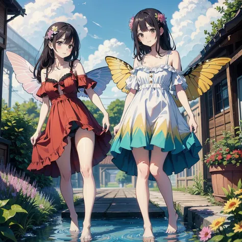 masterpiece, Highest quality, rainbow色のホログラムがゆらめく、Absurd, figure, watercolor,One girl,Girl with butterfly wings, in water, alone, Long Hair, dress, Skirt Hold, panties, No sleeve, barefoot, Bare shoulders, Are standing, Outdoor, cloud, null, water, water s...