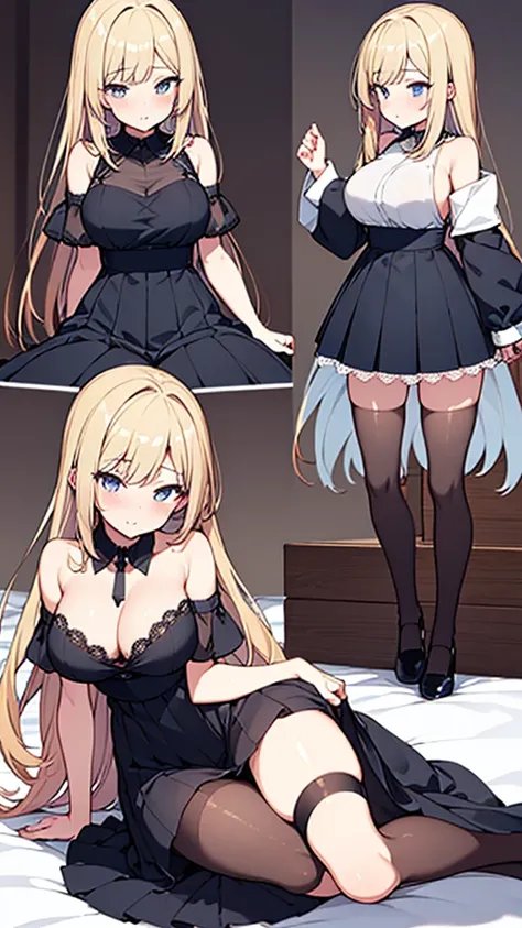 ((masterpiece)), (Highest quality、16K), (Simple style), Big Breasts, Swinging Big , Wearing a face stolen from someone else, No sleeve, Sleeveless, Off the shoulder, Black Dress, Short skirt, Pleated lace, Lace dress, Dark blue knee socks. whole body, Luxu...