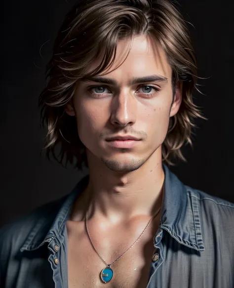 an award winning photograph of a (handsome man:1.1), detailed, trending on artstation,black suit, auburn, brown eyes, sporty body, messy hair, wet hair, light long hair, necklace,20 years old, male, extreme realistic, high quality, very detailed, dramatic ...