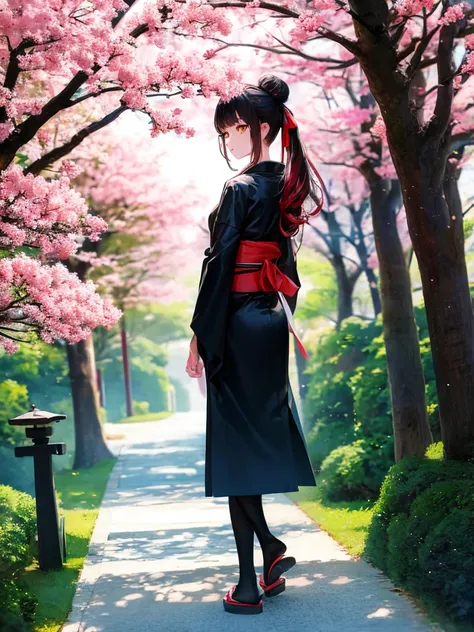 ((masterpiece,best quality)),2girls, black kimono, black legwear, black ribbon, black hair, cherry blossoms, day, flower, hair b...