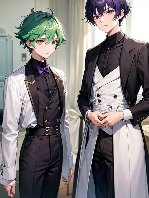 There are two elegant boys, the first boy has green hair and black and dark green clothes. The second boy has purple hair with white clothes..