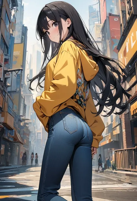 (BEST QUALITY), (MASTERPIECE), illustration, Extremely_detail, 4k wallpaper , 1 girl, tall girl, yellow hoodie, blue jeans, 18 years old , black Hair, long hair, black eyes, cute, beautiful, Background of the city