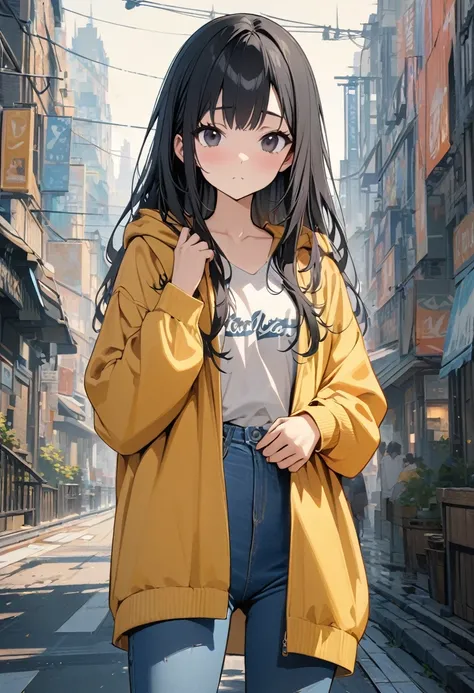 (BEST QUALITY), (MASTERPIECE), illustration, Extremely_detail, 4k wallpaper , 1 girl, tall girl, yellow hoodie, blue jeans, 18 years old , black Hair, long hair, black eyes, cute, beautiful, Background of the city