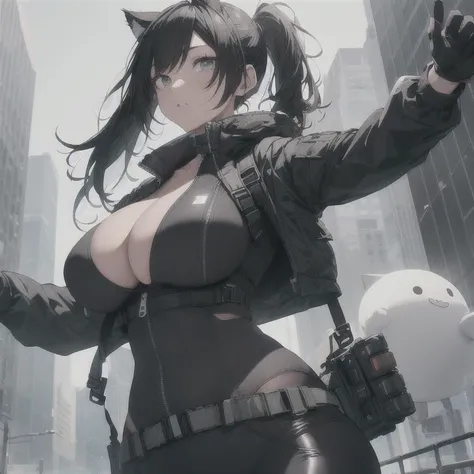 Absurd resolution,high resolution,(masterpiece: 1.4),hyper-detail,full body shot,full frontal camera perspective,solo,shorter,1 kemono feline cat woman,no skin other than neck and head shown,pilot suit,black hair,messy ponytail,cute face,detailed soft grey...