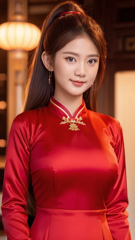 (8K, highest quality, masterpiece: 1.3), (realistic, photorealistic: 1.4), ultra high definition, (ao dai), (red clothes), (japanese female), (high-definition cute face), (large breasts), brown hair, ponytail hair, professional lighting, (closed mouth: 1.2...