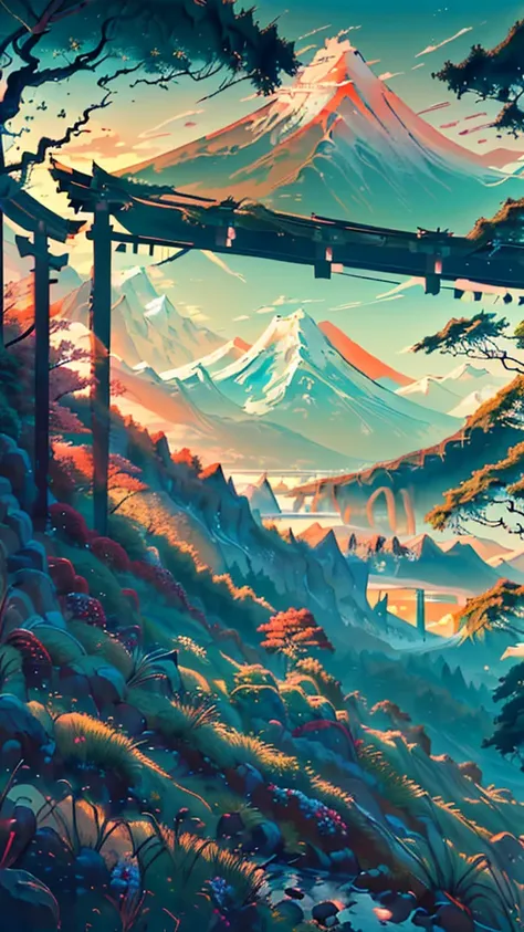 A Japanese valley unfolds with Mount Fuji in the background. Alongside vibrant grass, a slender road meanders, accompanied by the presence of tall trees, enhancing the serene beauty of the landscape. A alone boy