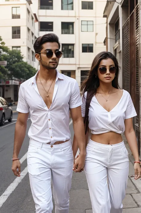 Two couple walking in street, boy wearing white shirt and white pants and sunglasses while looking ahead to the girl. Girl wearing red saree realistic skin 