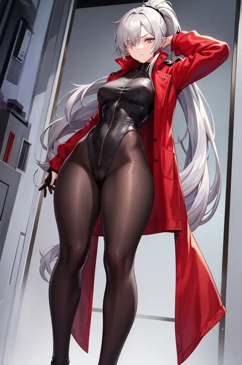 Tall, slim, She has long grey hair tied back in an enormous, messy ponytail that reaches down to her thighs, hair covering one eye, she wears a red jacket, wearing a black full-body suit, golden eyes, angle from below, laboratory background