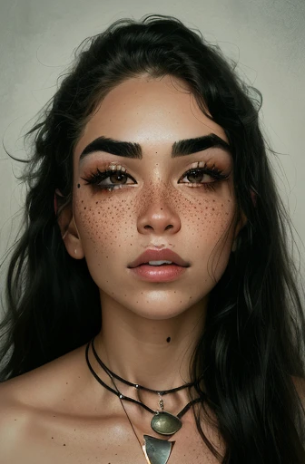 arafed woman with freckles and a choke necklace, large eyebrows, heavy eyebrows, with freckles, thick bushy straight eyebrows, soft freckles, longer eyebrows, large bushy eyebrows, small freckles, white freckles, dark eyebrows, thin eyebrows, freckles, ele...