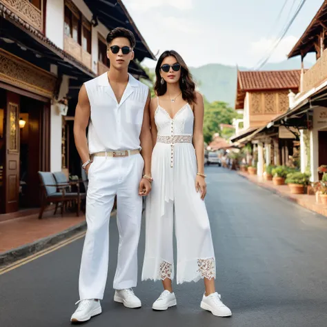 candid fashion photography of young man and woman, both aged 20 year old, ((showcase fashion look book in a white rayon outfits)...