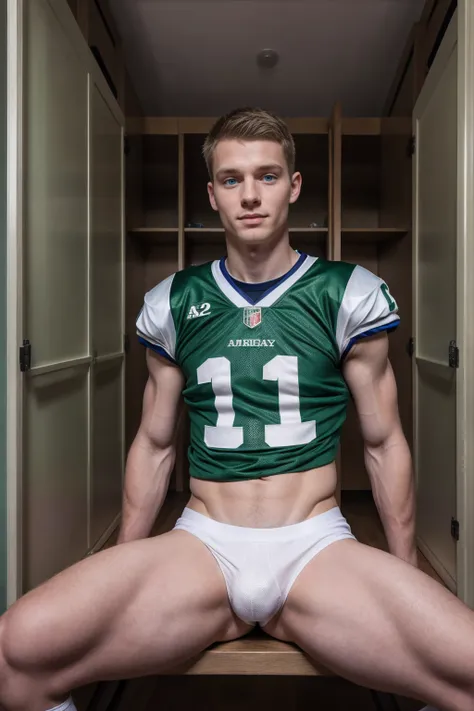 1boy, (Blue Eyes), happy smile,caucasian boy,18 years old,young, slim body, slender, skinny body build, child-like, twink,in an American football locker room, sitting on a bench, legs spread open, LarsNorgaard, American football player wearing American foo...