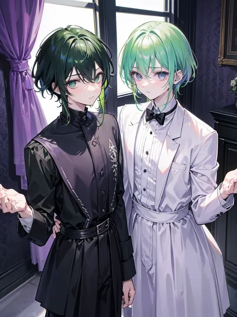 There are two elegant boys, the first boy has green hair and black and dark green clothes. The second boy has purple hair with white clothes..